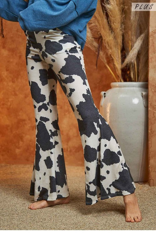 MOCHA COW PRINT FLARED PANTS