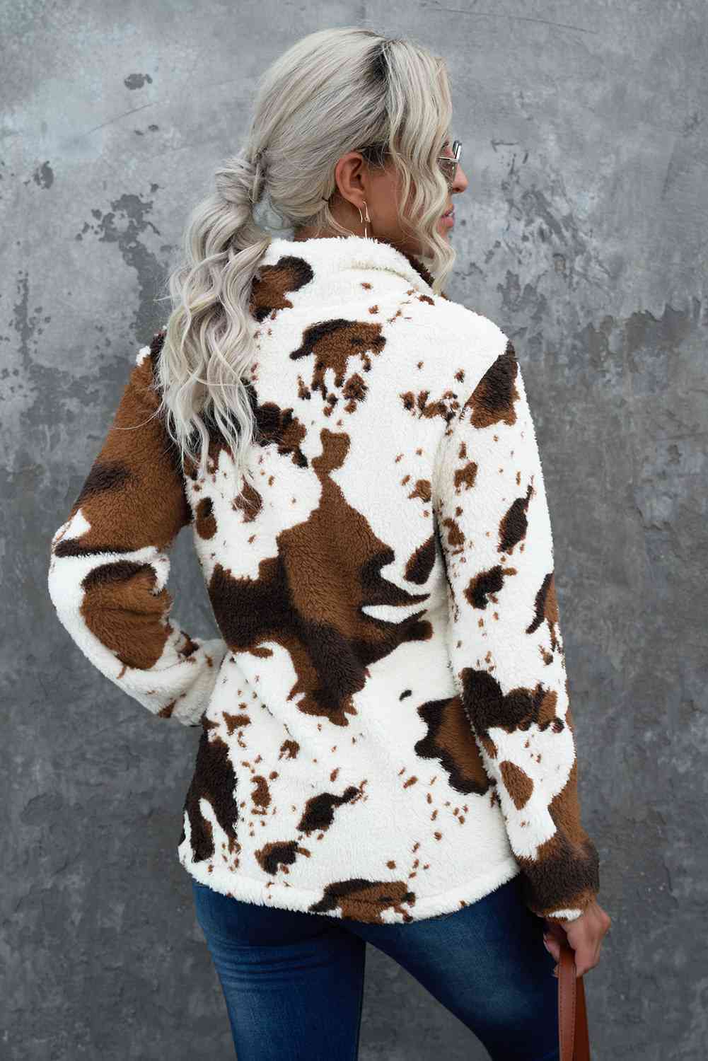 Cow Print Quarter zip Teddy Sweatshirt