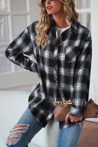 Plaid Button Up Dropped Shoulder Top