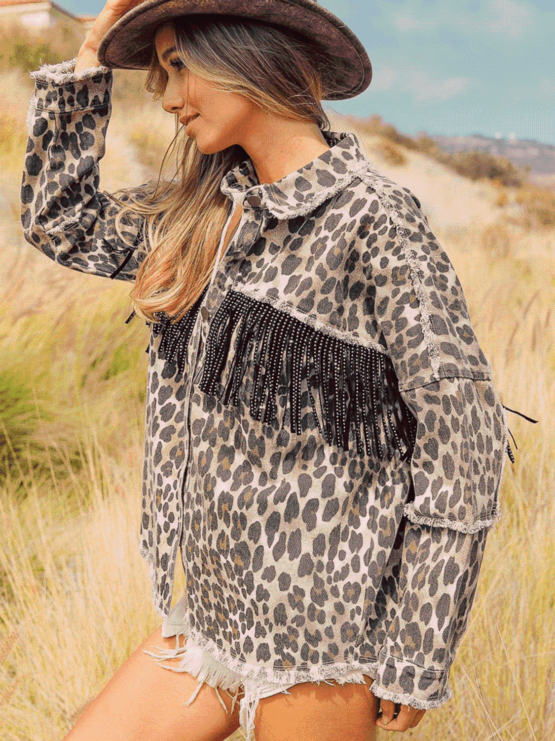 Leopard Fringe Denim Shacket