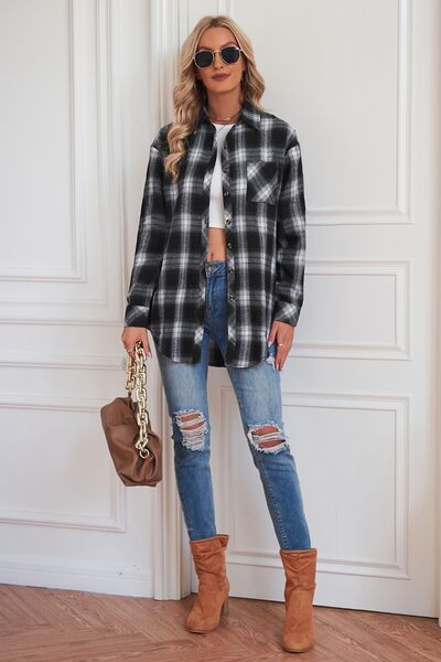 Plaid Button Up Dropped Shoulder Top