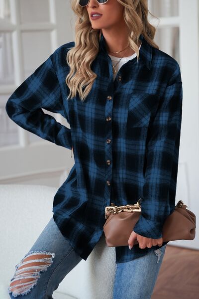 Plaid Button Up Dropped Shoulder Top