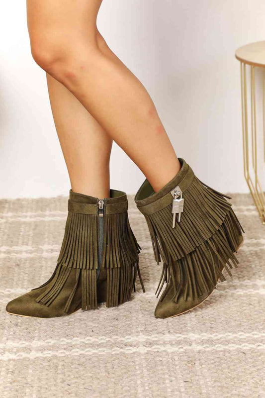 Olive Tassel Wedge Heel Booties