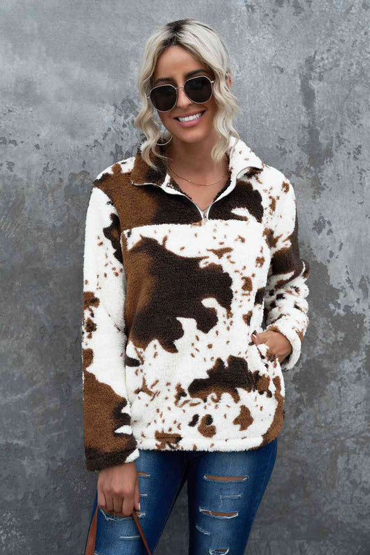 Cow Print Quarter zip Teddy Sweatshirt