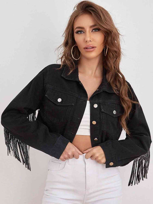 Studded Fringe Cropped Denim Jacket