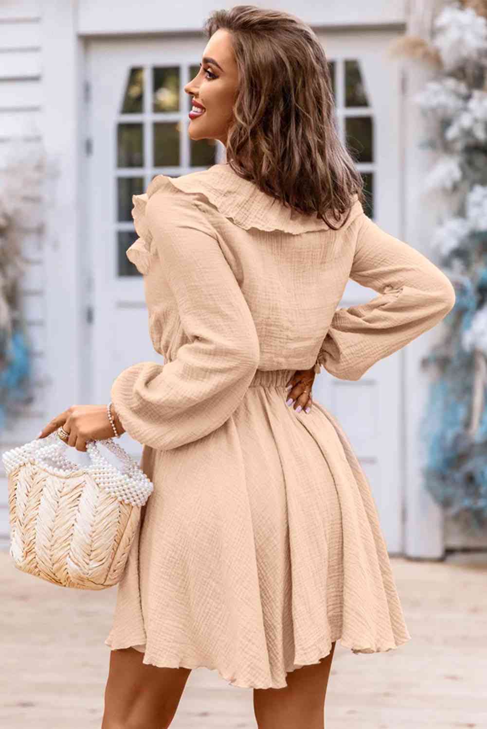 Ruffle Trim Long Sleeve Mini Dress