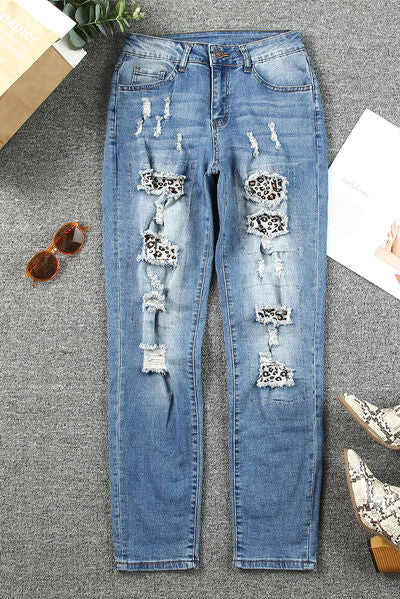 Leopard Distressed Straight Jeans