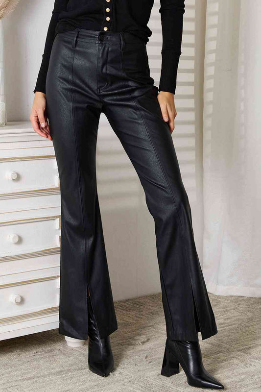 Faux Leather Kancan Slit Flare Leg Pants