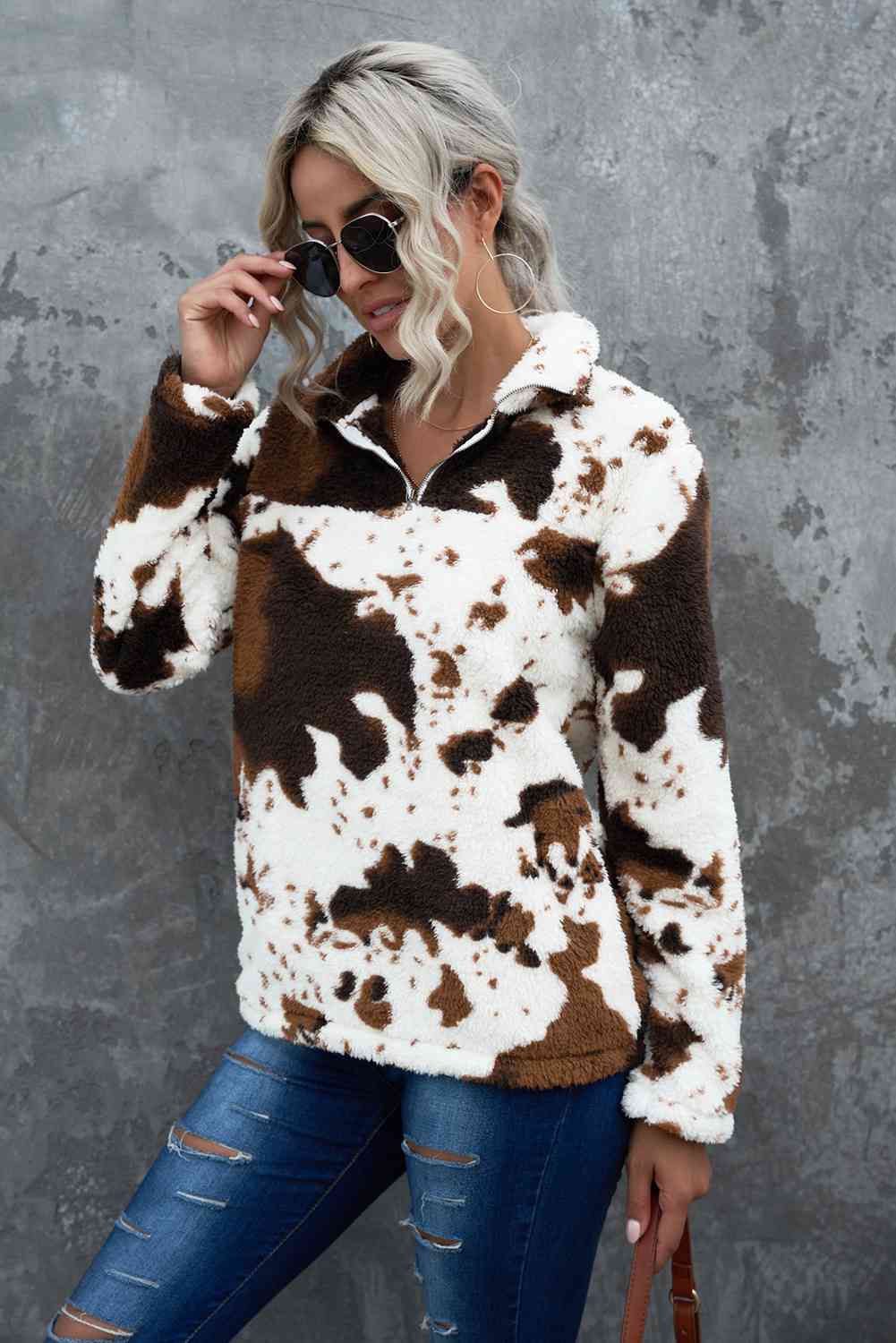 Cow Print Quarter zip Teddy Sweatshirt