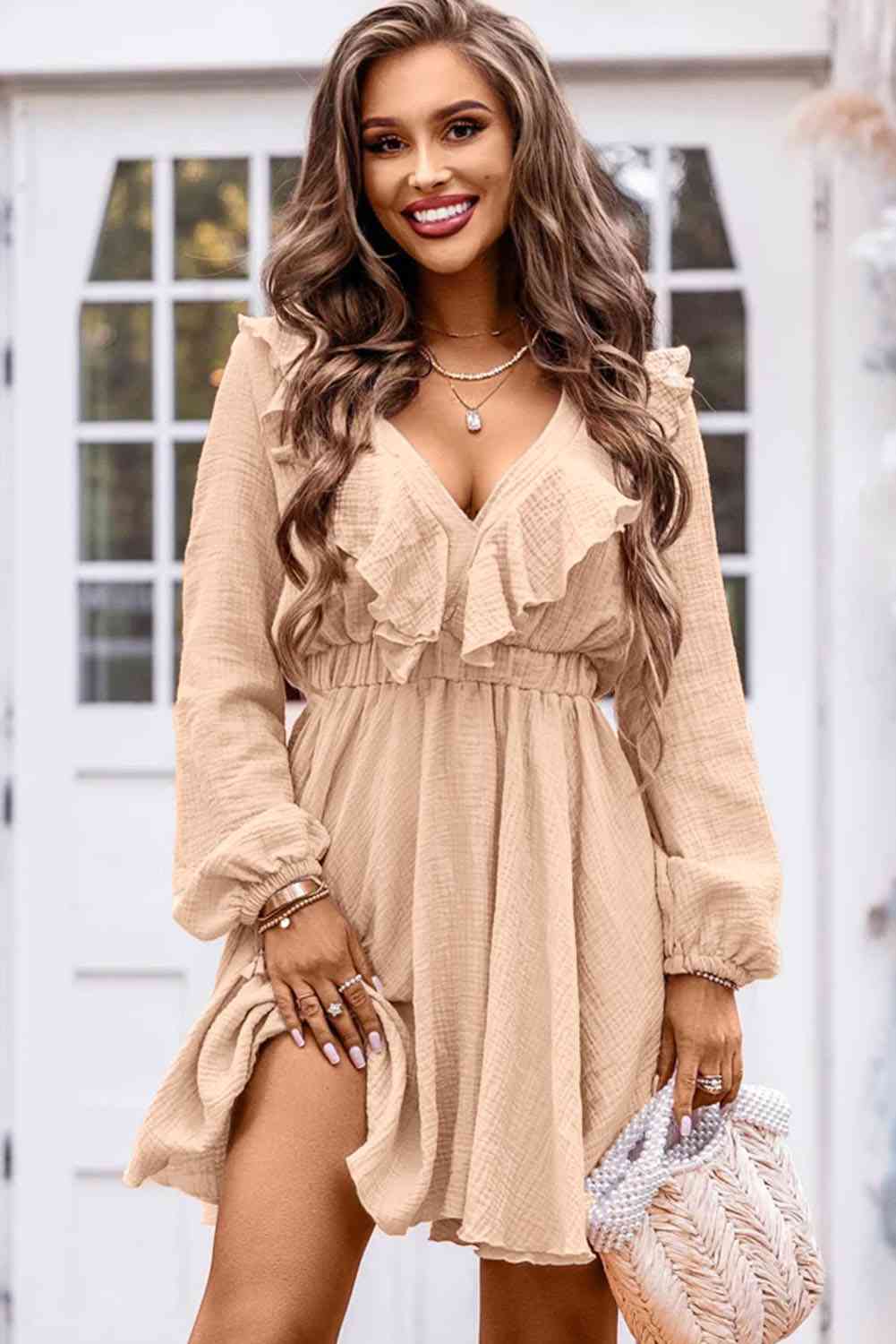 Ruffle Trim Long Sleeve Mini Dress