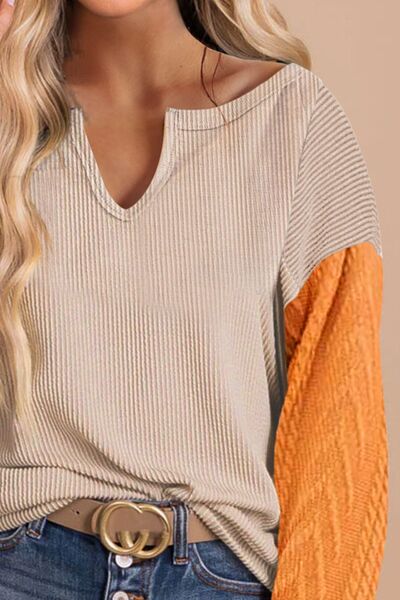 Notched Neck Long Sleeve Top