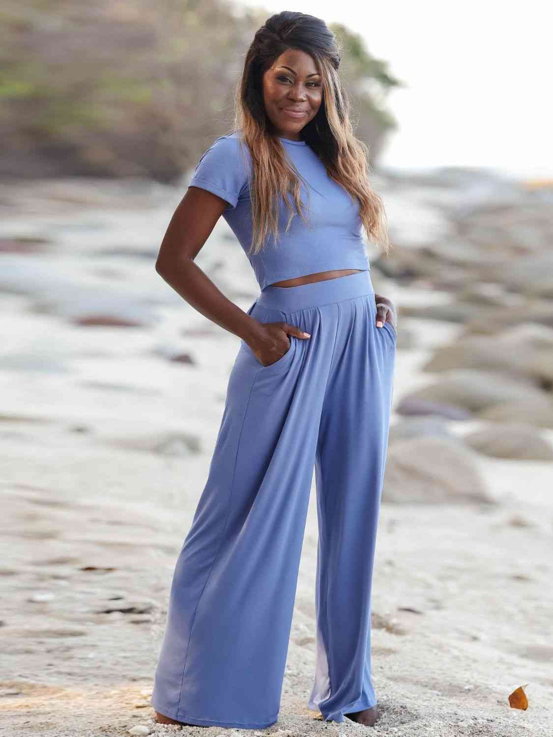 Short Sleeve Cropped T-Shirt and Wide Leg Pants Set