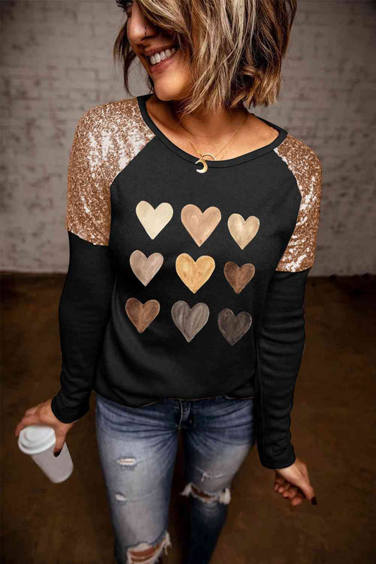 Sequin Heart Raglan Sleeve Top