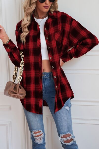 Plaid Button Up Dropped Shoulder Top