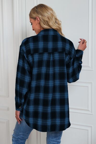 Plaid Button Up Dropped Shoulder Top