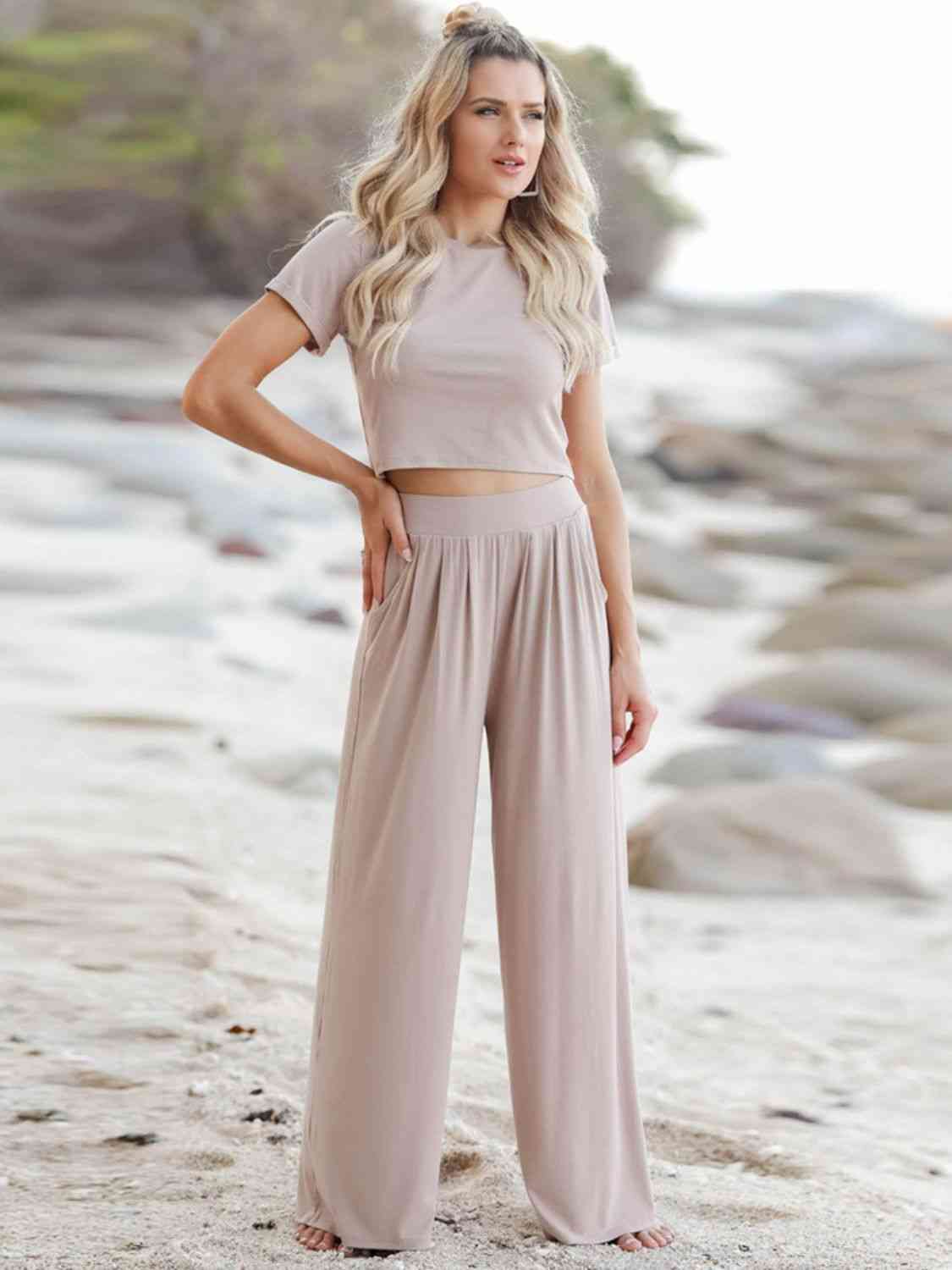 Short Sleeve Cropped T-Shirt and Wide Leg Pants Set