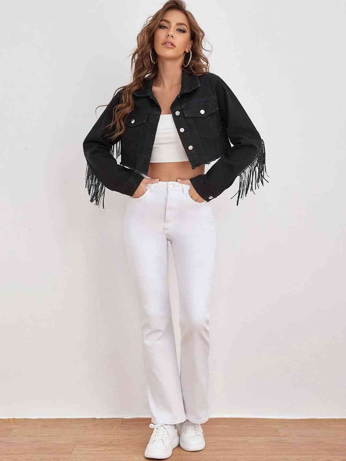 Studded Fringe Cropped Denim Jacket