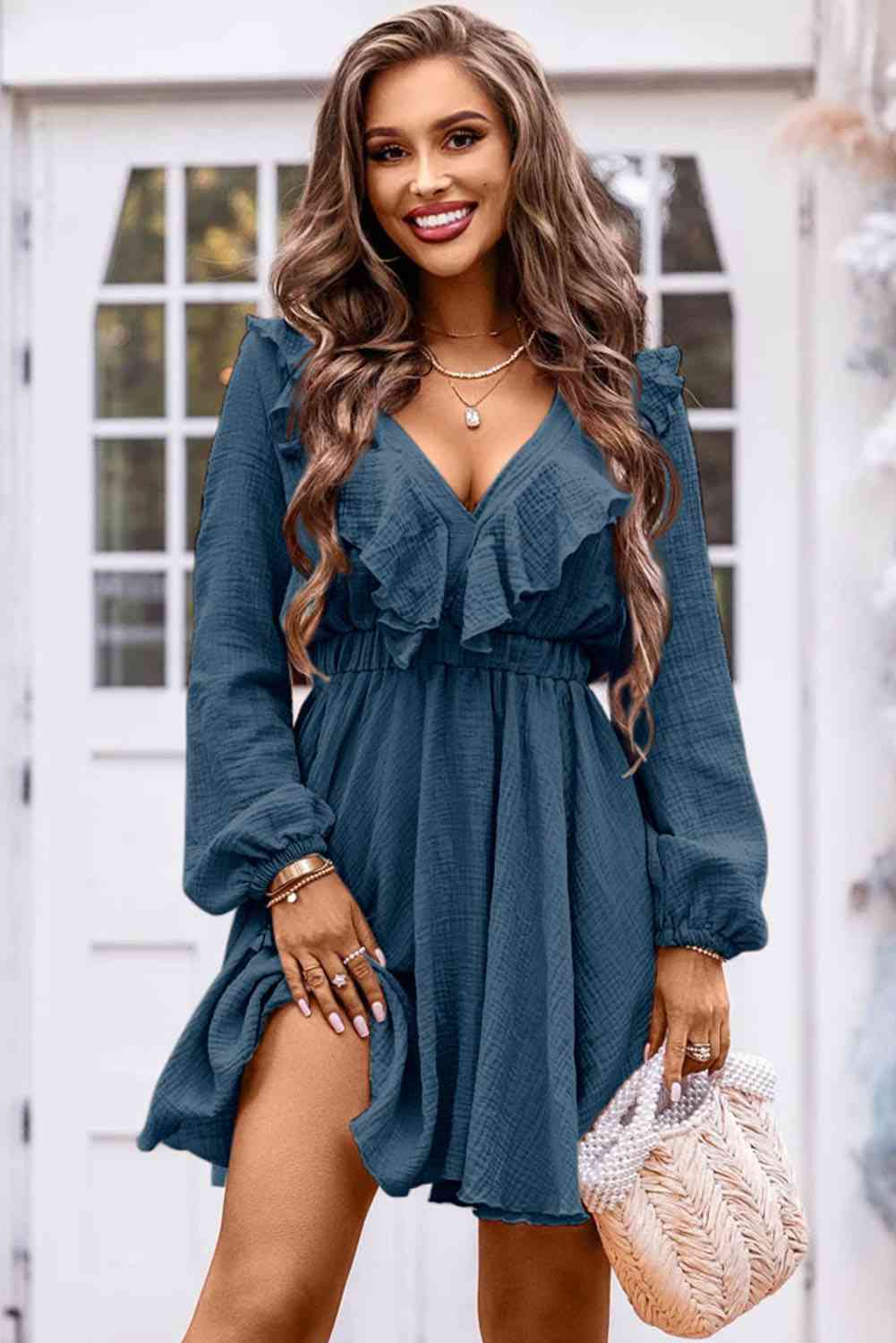 Ruffle Trim Long Sleeve Mini Dress