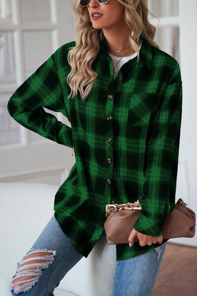 Plaid Button Up Dropped Shoulder Top