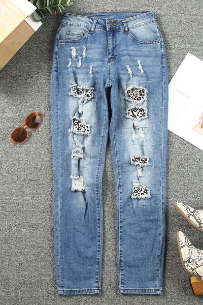 Leopard Distressed Straight Jeans