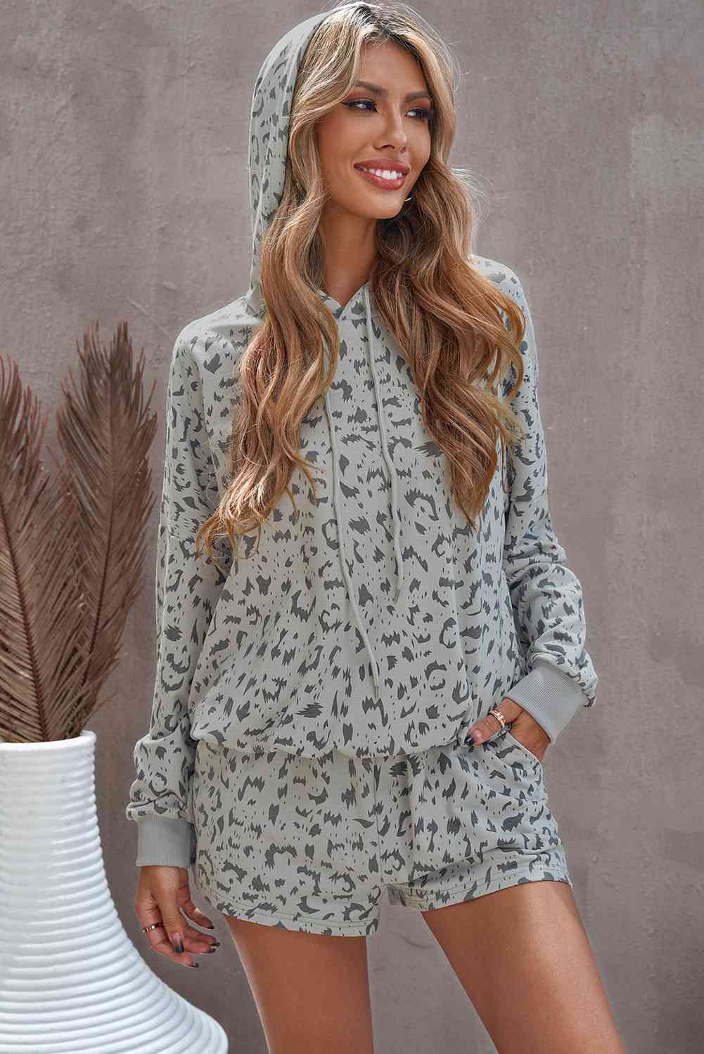 Animal Print Drawstring Hoodie and Shorts Set