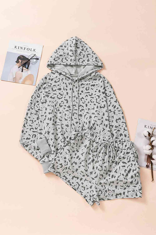 Animal Print Drawstring Hoodie and Shorts Set