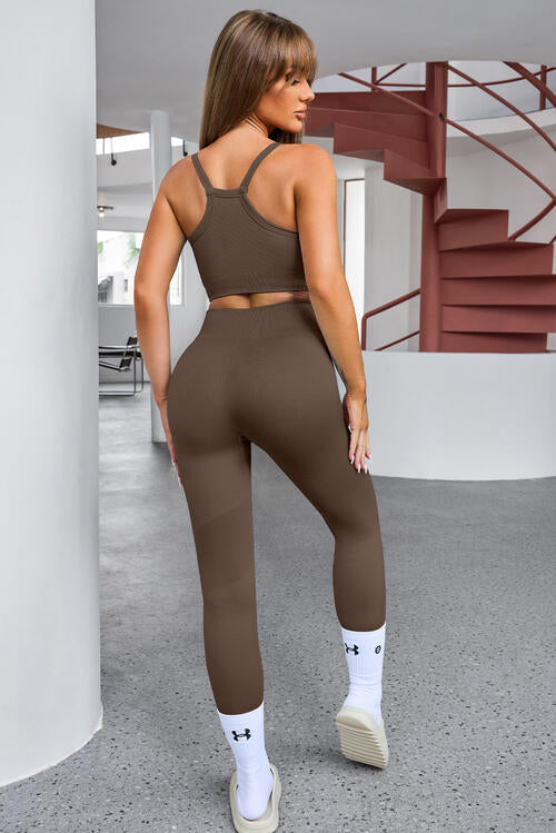 Cropped Tank and Zip-Up Active Jacket with Leggings Set