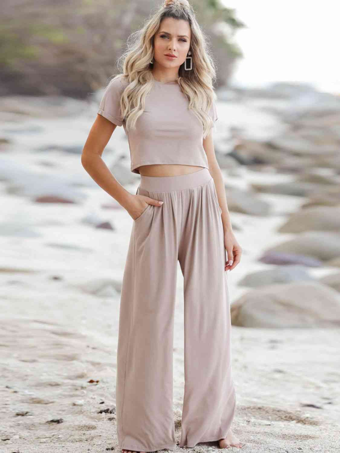 Short Sleeve Cropped T-Shirt and Wide Leg Pants Set