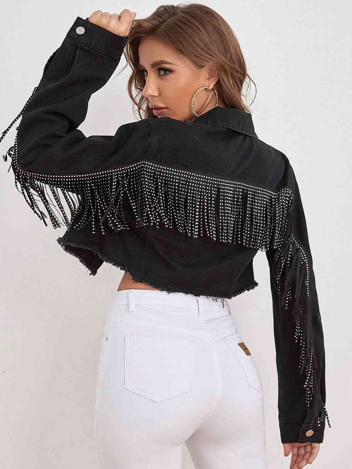 Studded Fringe Cropped Denim Jacket