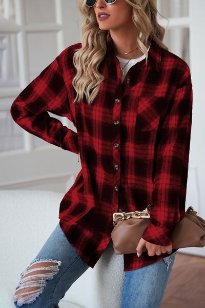 Plaid Button Up Dropped Shoulder Top