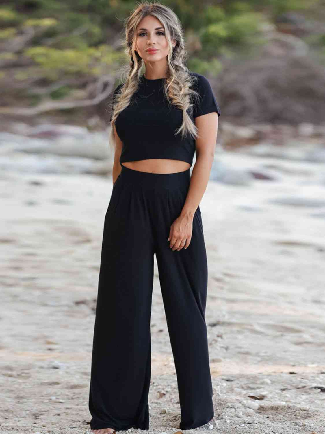 Short Sleeve Cropped T-Shirt and Wide Leg Pants Set