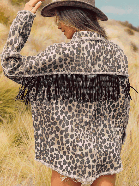 Leopard Fringe Denim Shacket