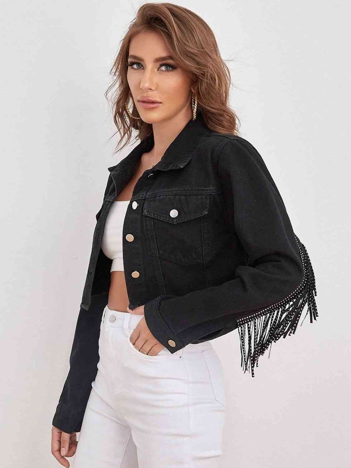 Studded Fringe Cropped Denim Jacket