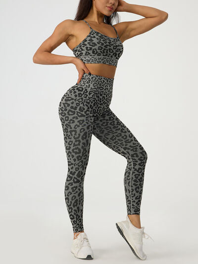 Leopard Crisscross Sports Bra and Leggings Active Set