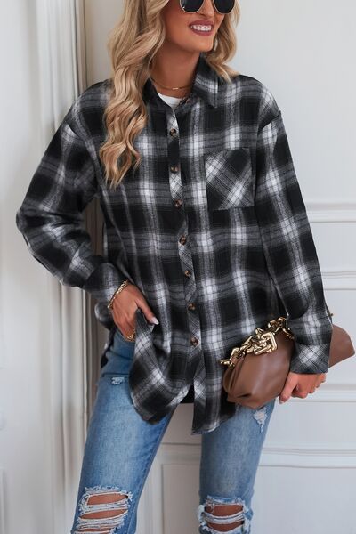 Plaid Button Up Dropped Shoulder Top