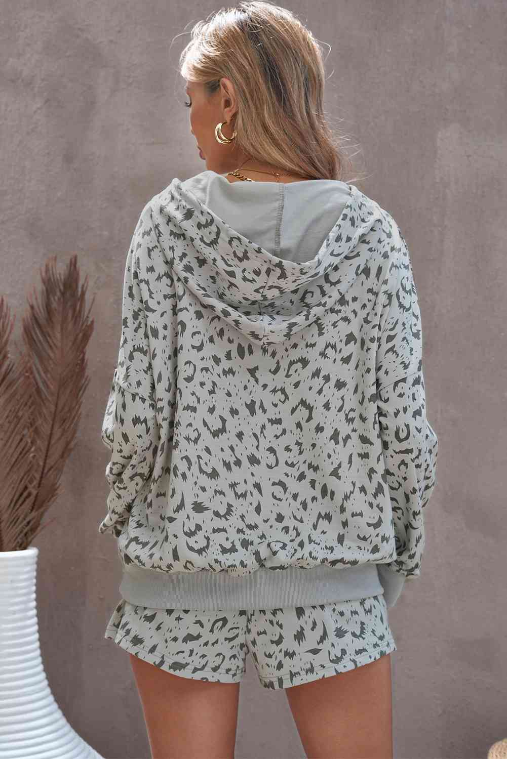 Animal Print Drawstring Hoodie and Shorts Set