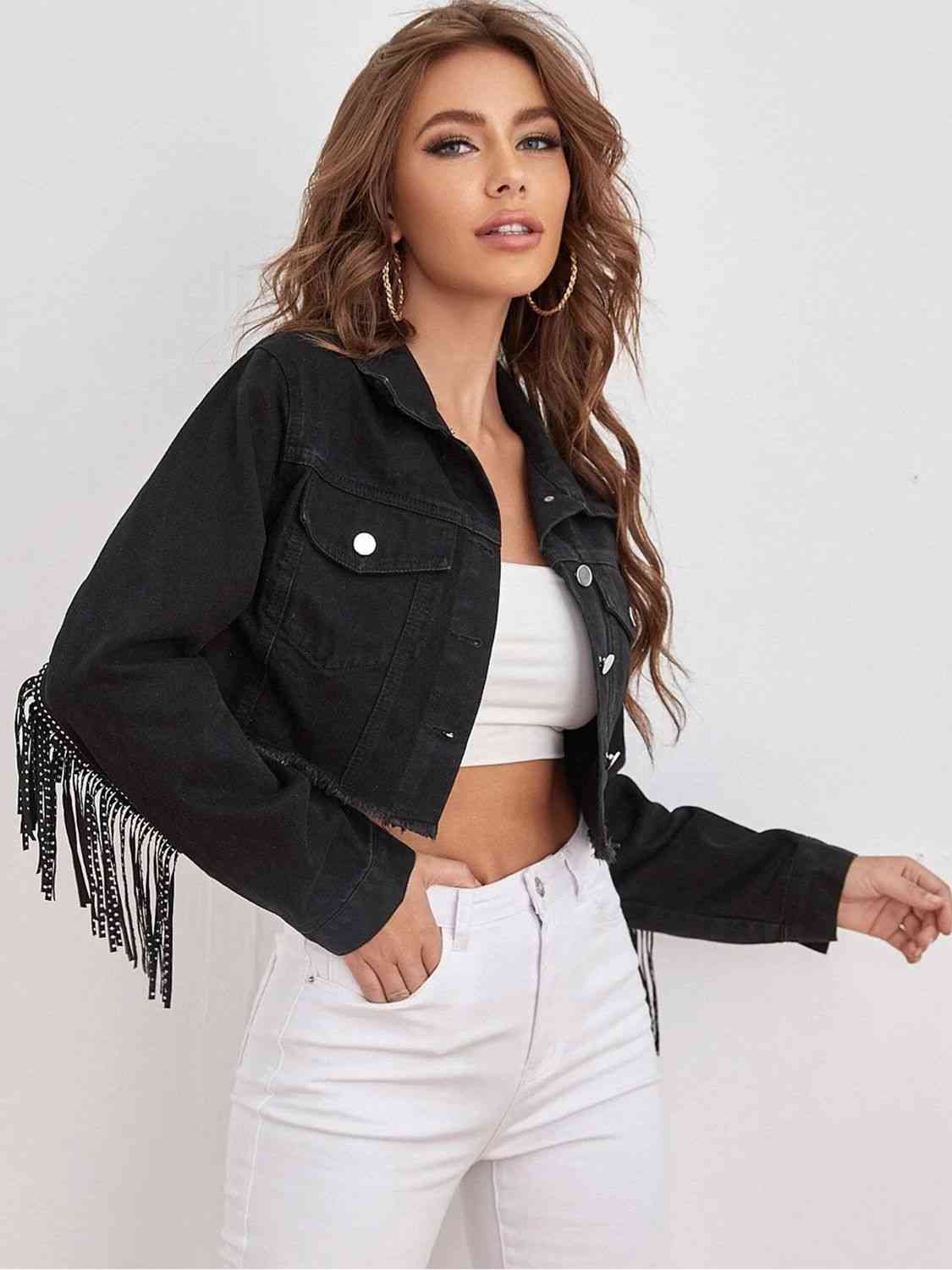 Studded Fringe Cropped Denim Jacket