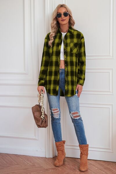 Plaid Button Up Dropped Shoulder Top