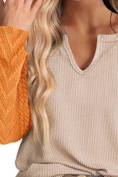 Notched Neck Long Sleeve Top