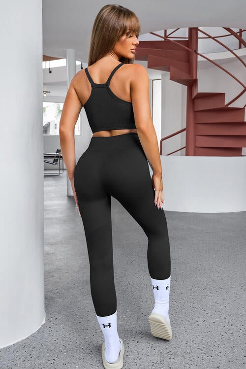 Cropped Tank and Zip-Up Active Jacket with Leggings Set