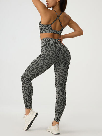 Leopard Crisscross Sports Bra and Leggings Active Set