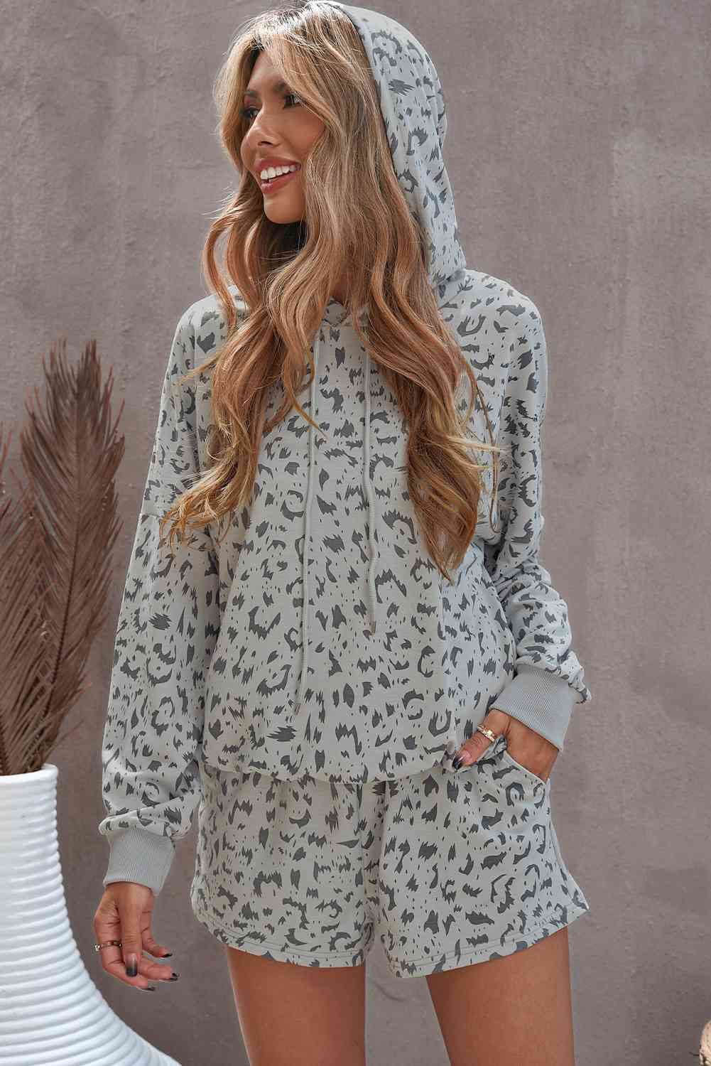 Animal Print Drawstring Hoodie and Shorts Set