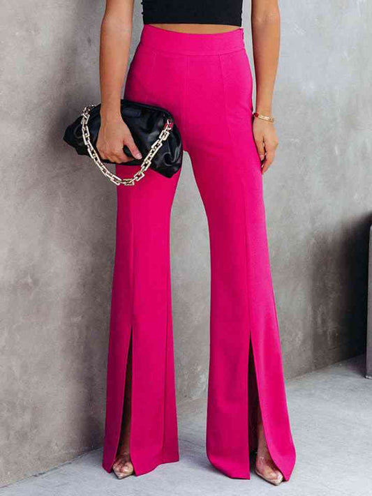 Pink Front Slit Flare Leg Pants