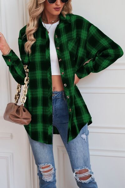 Plaid Button Up Dropped Shoulder Top