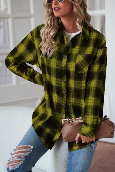 Plaid Button Up Dropped Shoulder Top