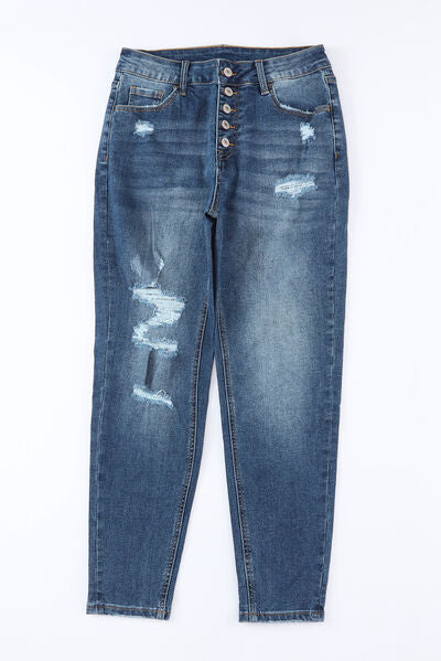 Button-Fly Distressed skinny Jeans