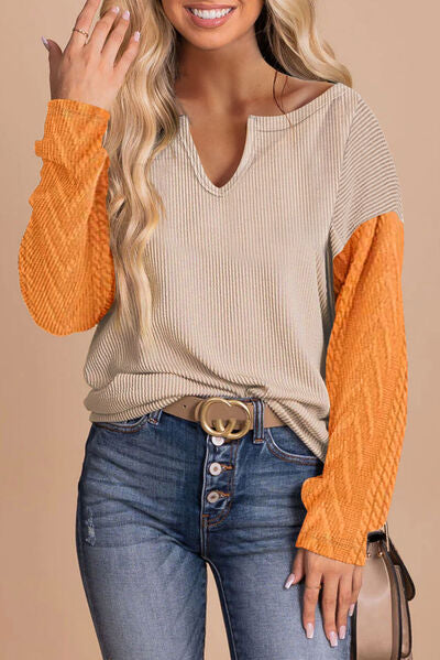 Notched Neck Long Sleeve Top