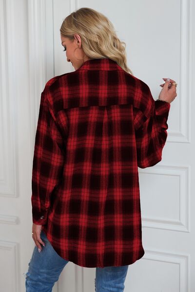 Plaid Button Up Dropped Shoulder Top